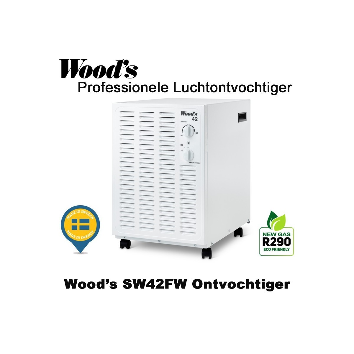 Woods SW42 professionele luchtontvochtiger, 200m² | Luchtontvochtigeronline