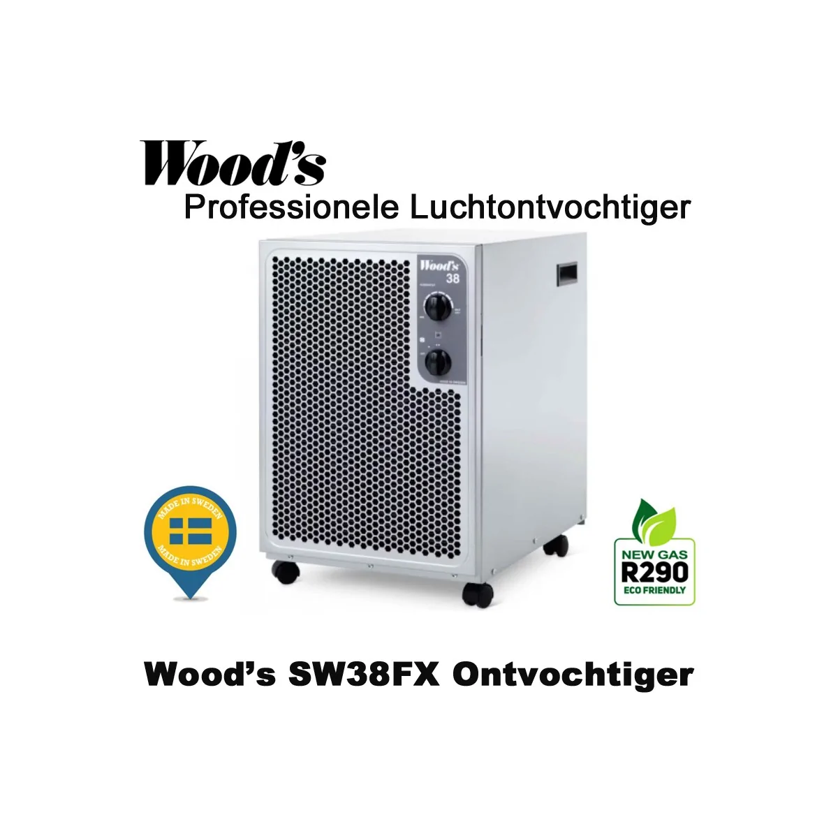 Woods SW38FX professionele luchtontvochtiger, kleur metallic 140 m² | Luchtontvochtigeronline